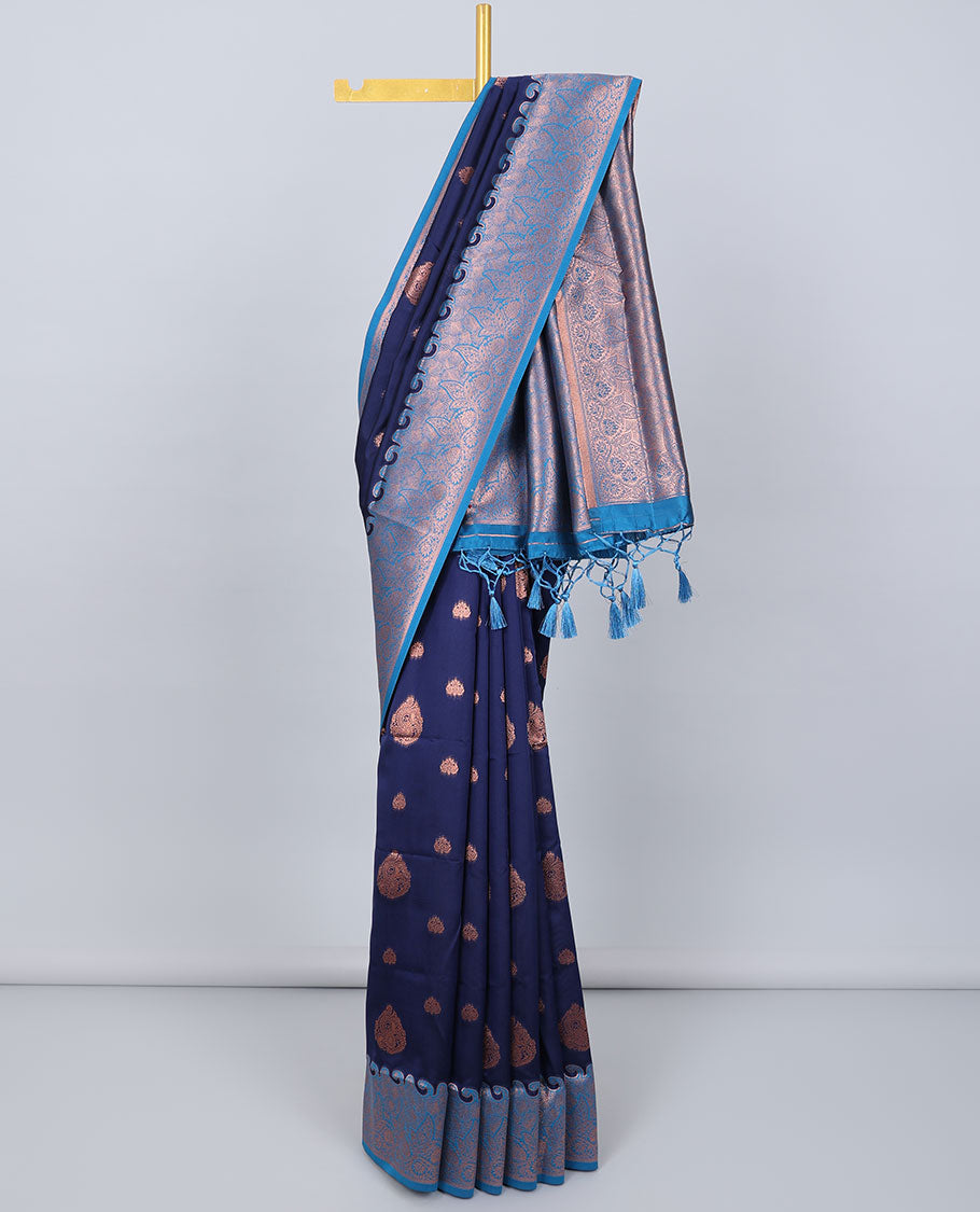 Blue butter silk saree with zari buttas, contrast zari border of floral designs & pallu of intricate designs