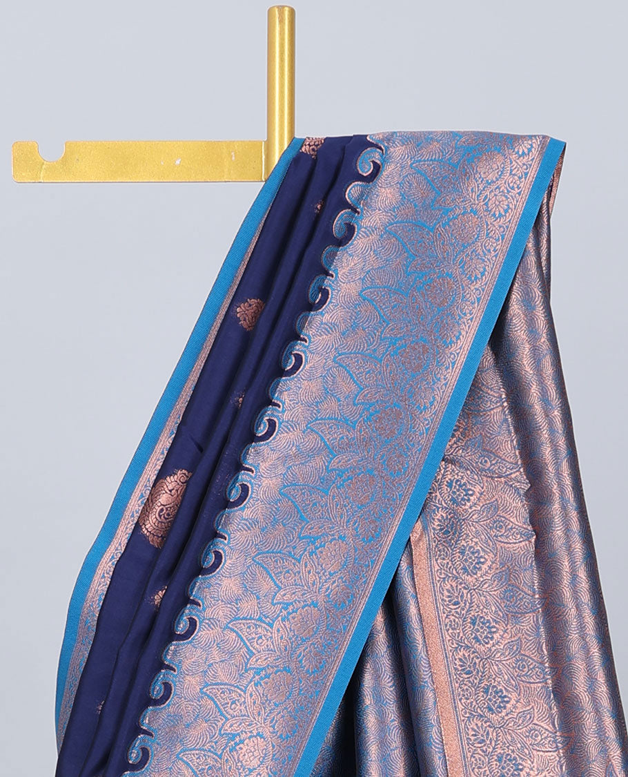 Blue butter silk saree with zari buttas, contrast zari border of floral designs & pallu of intricate designs