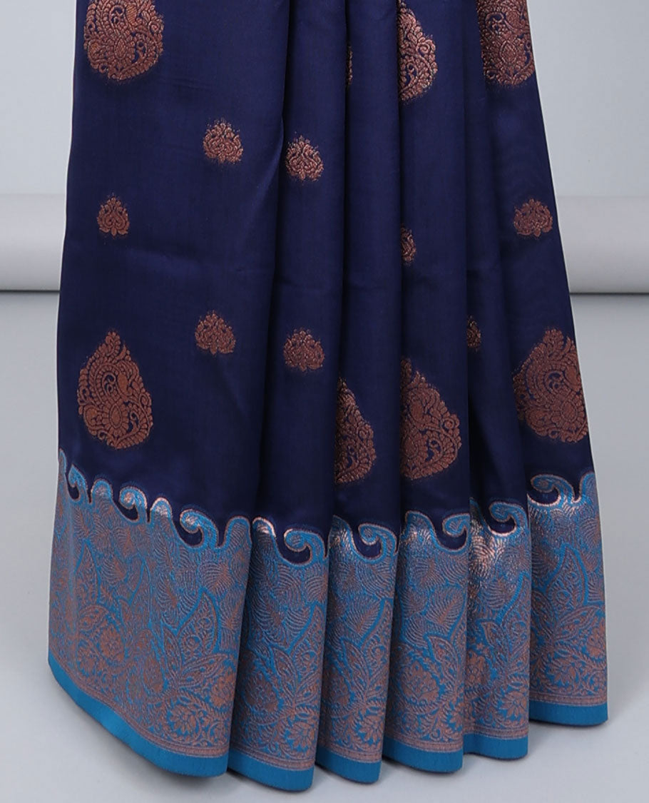 Blue butter silk saree with zari buttas, contrast zari border of floral designs & pallu of intricate designs
