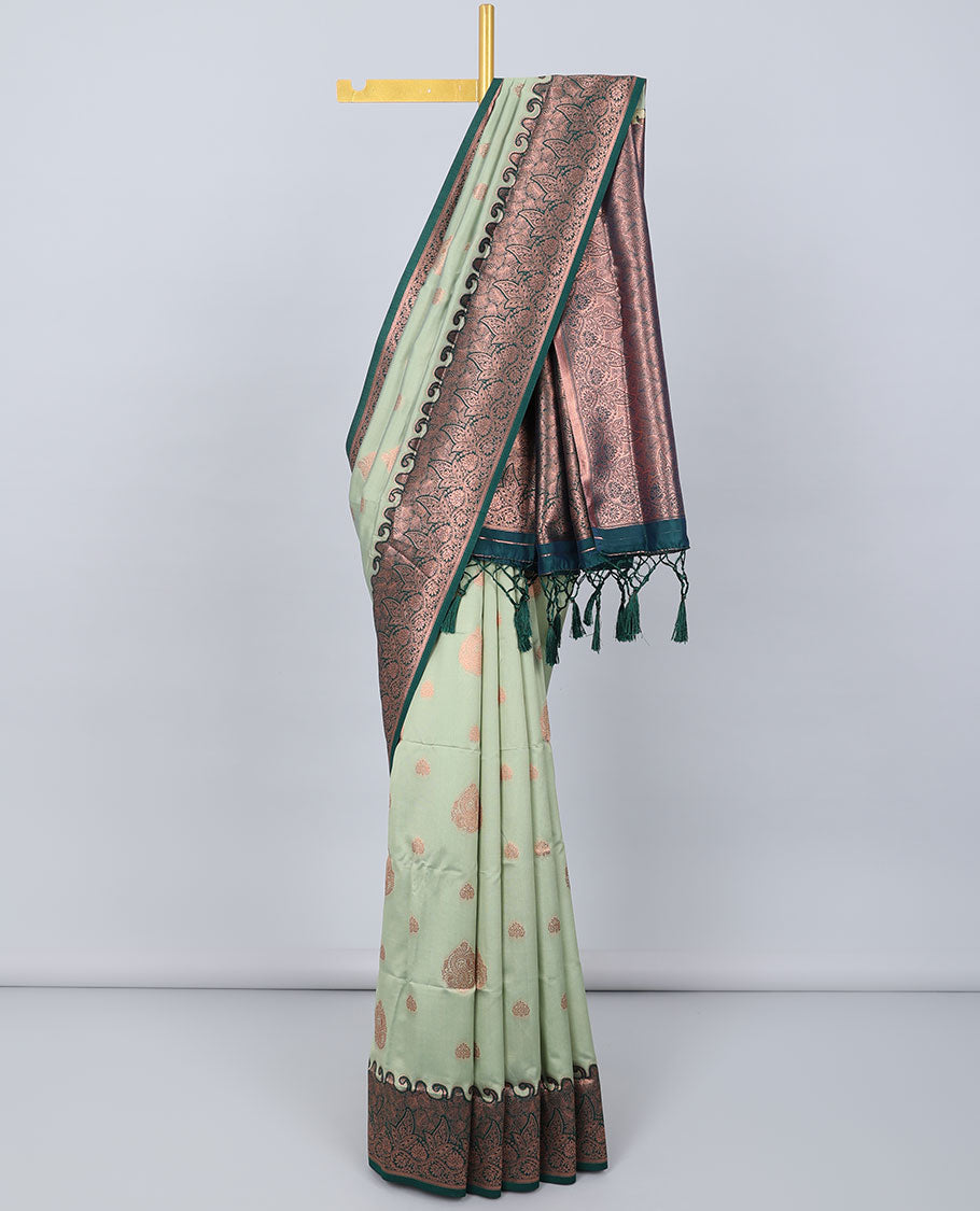 Green butter silk saree with zari buttas, contrast zari border of floral designs & pallu of intricate designs