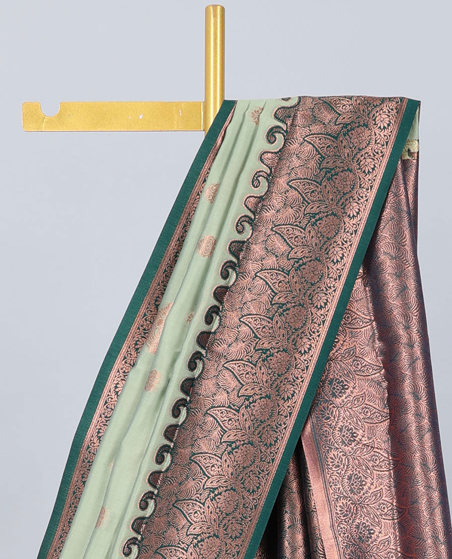 Green butter silk saree with zari buttas, contrast zari border of floral designs & pallu of intricate designs