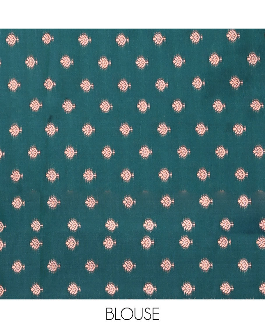 Green butter silk saree with zari buttas, contrast zari border of floral designs & pallu of intricate designs