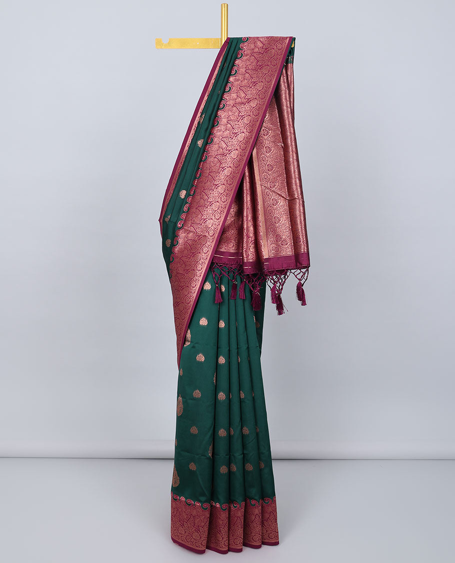 Green butter silk saree with zari buttas, contrast zari border of floral designs & pallu of intricate designs