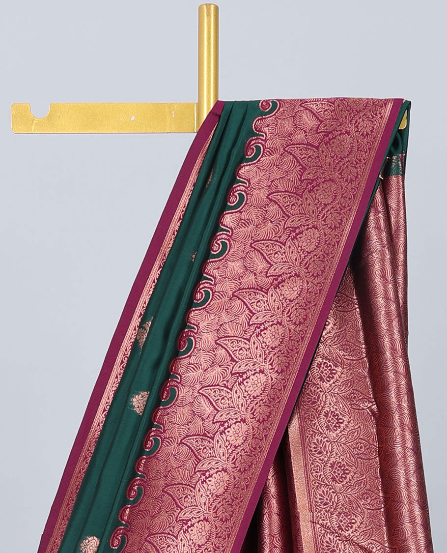 Green butter silk saree with zari buttas, contrast zari border of floral designs & pallu of intricate designs