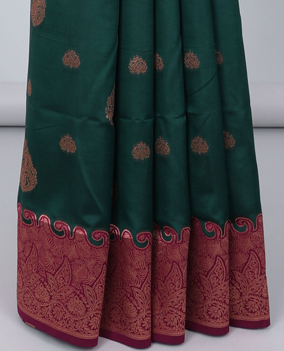 Green butter silk saree with zari buttas, contrast zari border of floral designs & pallu of intricate designs