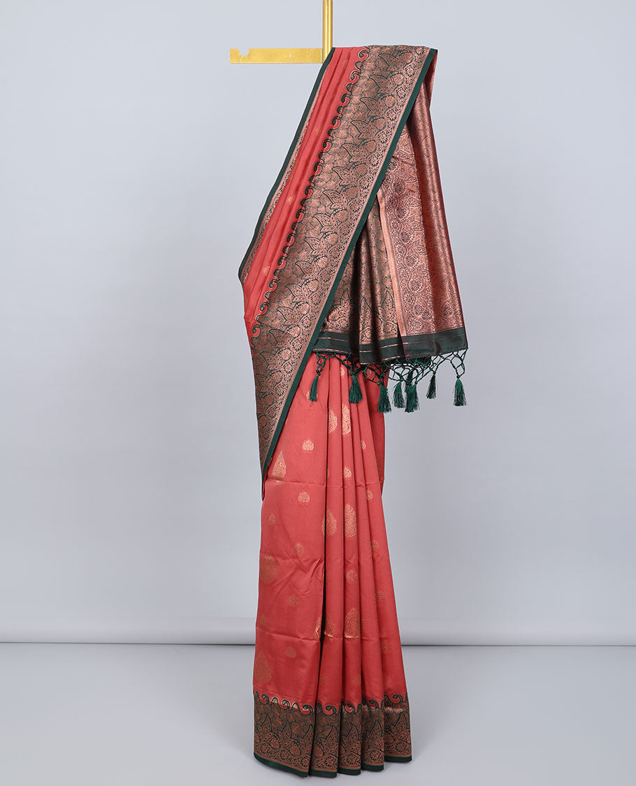 Dark peach butter silk saree with zari buttas, contrast zari border of floral designs & pallu of intricate designs