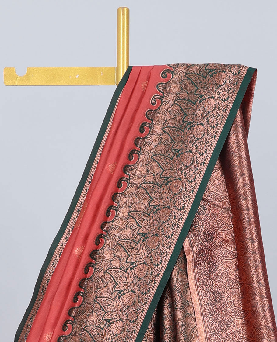 Dark peach butter silk saree with zari buttas, contrast zari border of floral designs & pallu of intricate designs