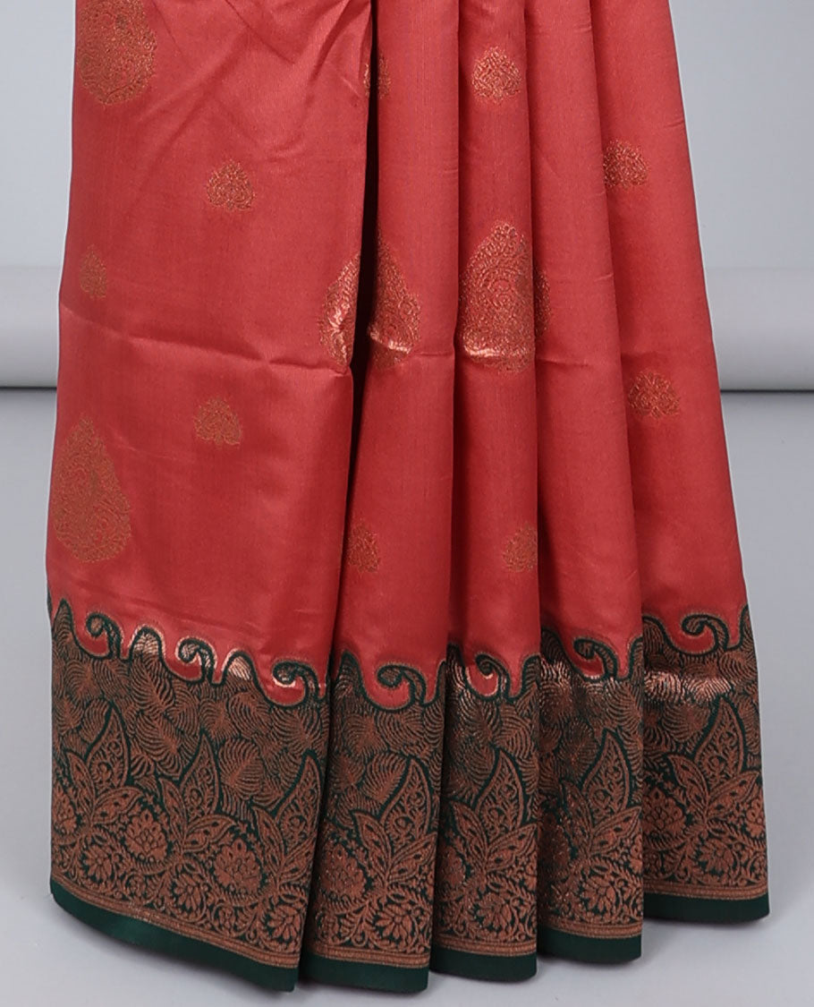 Dark peach butter silk saree with zari buttas, contrast zari border of floral designs & pallu of intricate designs