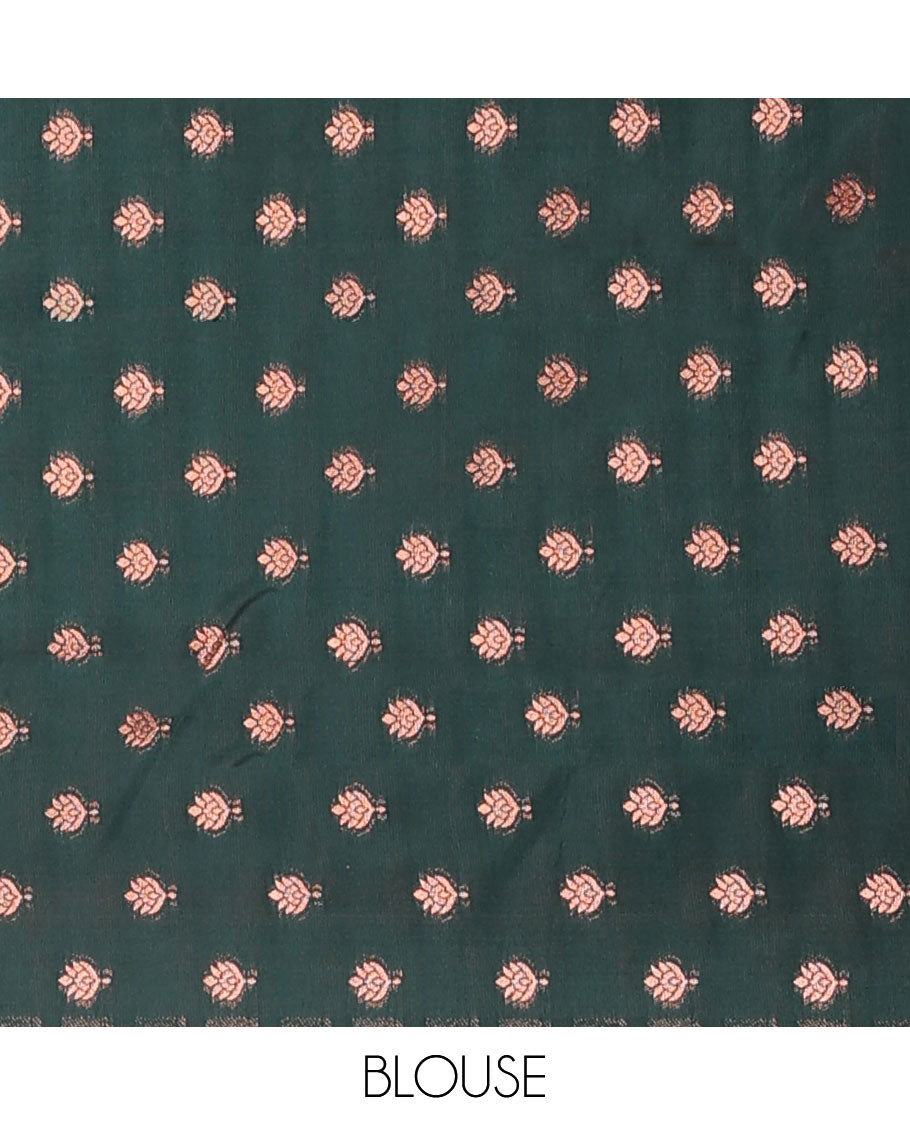 Dark peach butter silk saree with zari buttas, contrast zari border of floral designs & pallu of intricate designs