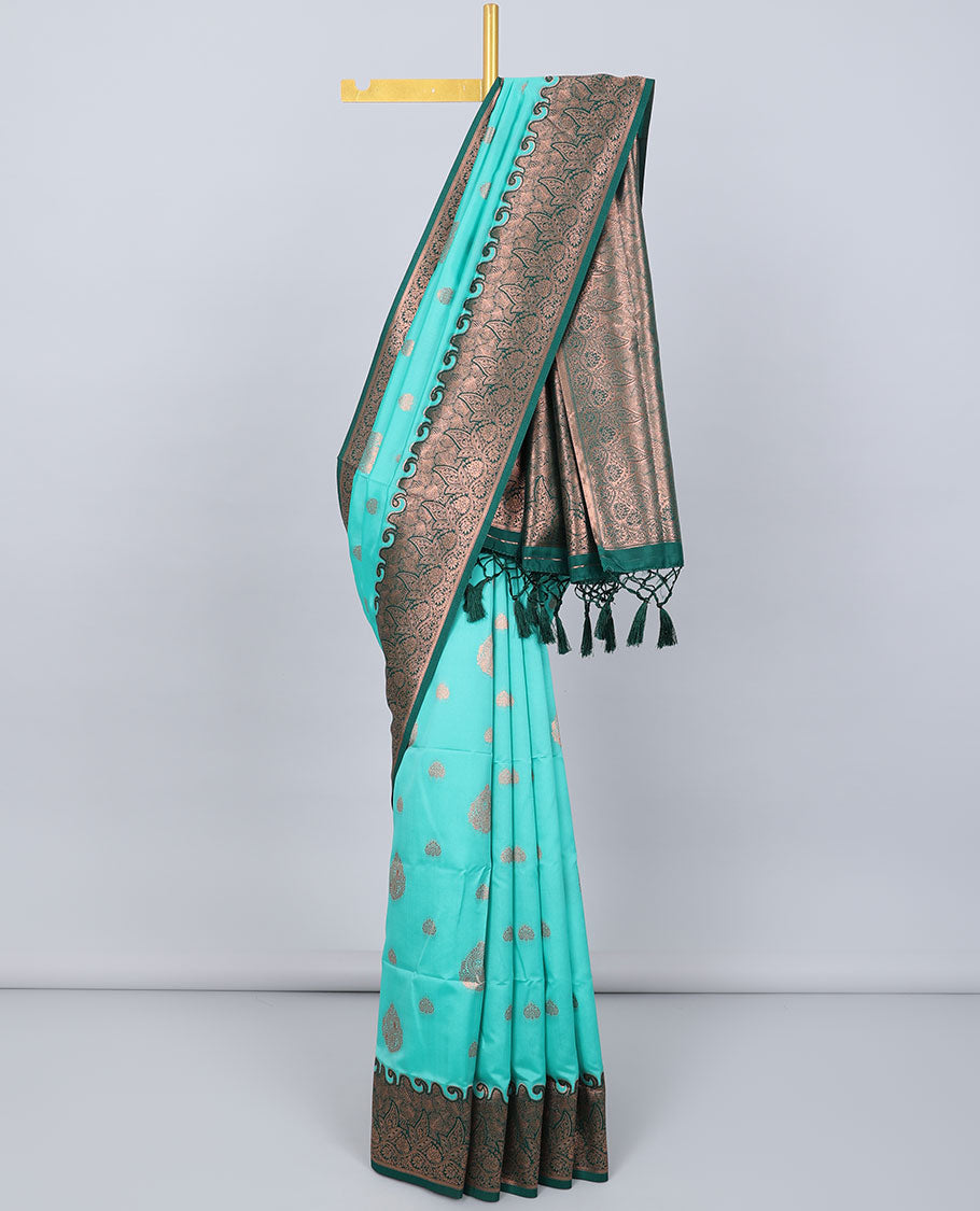 Blue butter silk saree with zari buttas, contrast zari border of floral designs & pallu of intricate designs