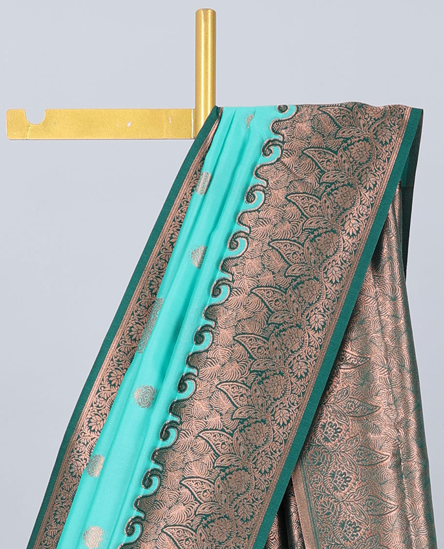 Blue butter silk saree with zari buttas, contrast zari border of floral designs & pallu of intricate designs