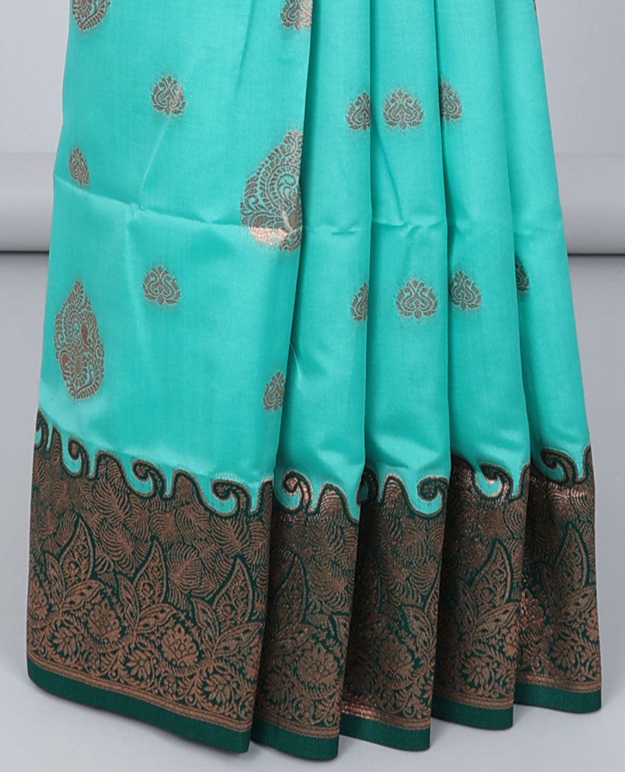 Blue butter silk saree with zari buttas, contrast zari border of floral designs & pallu of intricate designs
