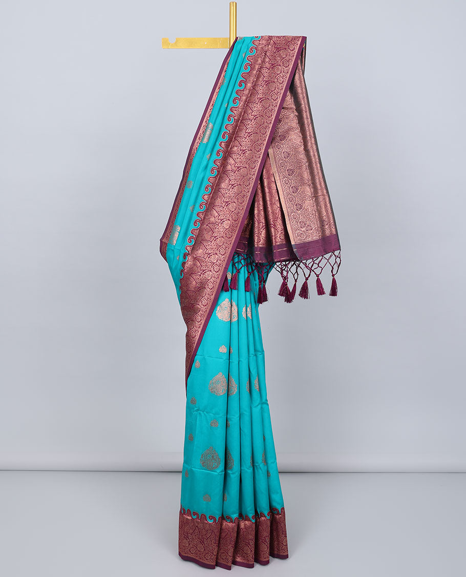 Blue butter silk saree with zari buttas, contrast zari border of floral designs & pallu of intricate designs