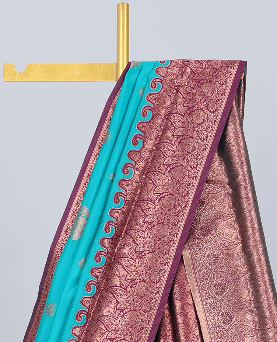 Blue butter silk saree with zari buttas, contrast zari border of floral designs & pallu of intricate designs