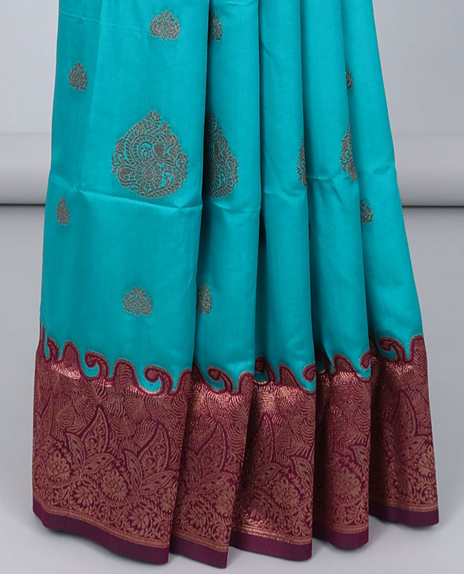 Blue butter silk saree with zari buttas, contrast zari border of floral designs & pallu of intricate designs