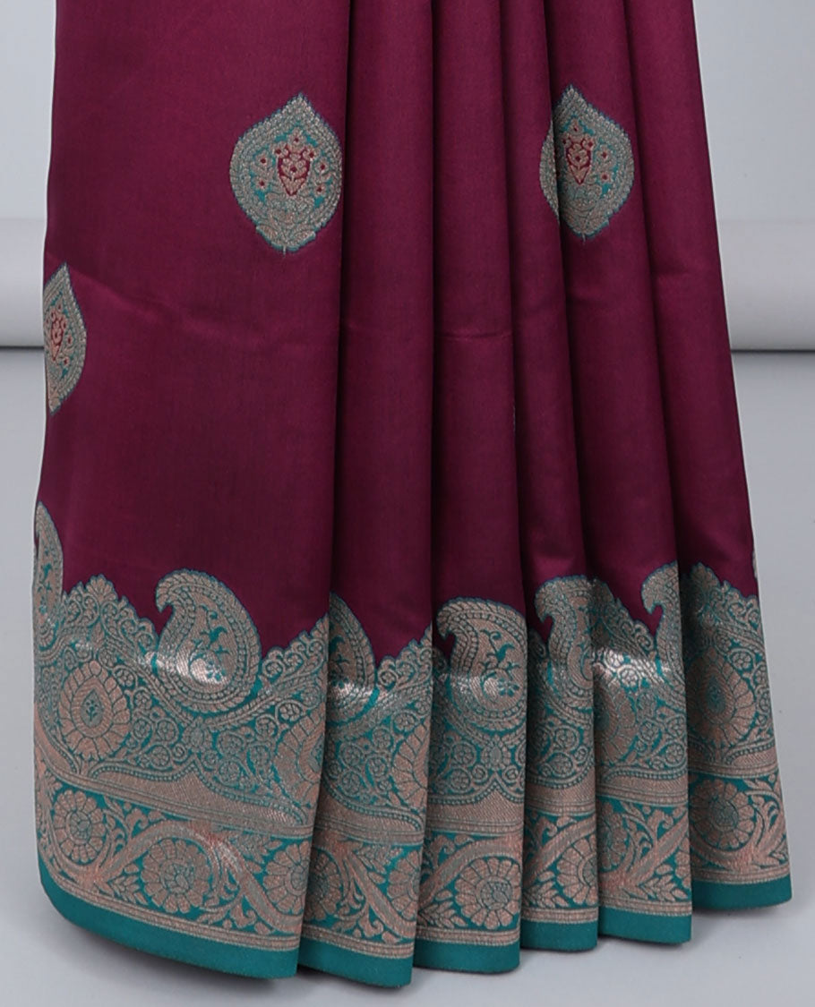 Maroon butter silk saree with zari buttas, contrast zari border of paisley & floral creeper & intricate pallu