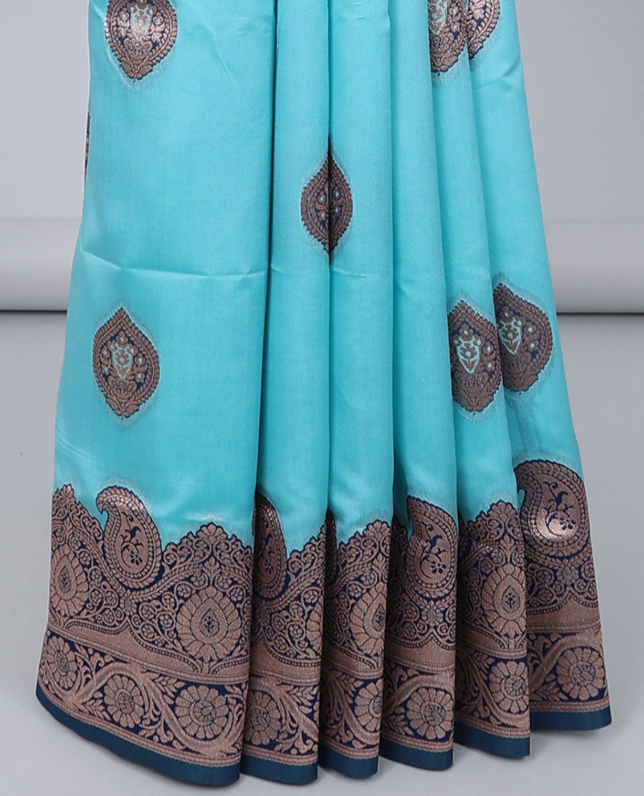 Blue butter silk saree with zari buttas, contrast zari border of paisley & floral creeper & intricate pallu
