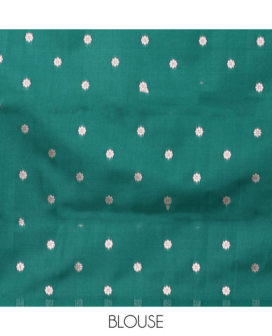 Turquoise butter silk saree with zari buttas, contrast zari border of paisley & floral creeper & intricate pallu