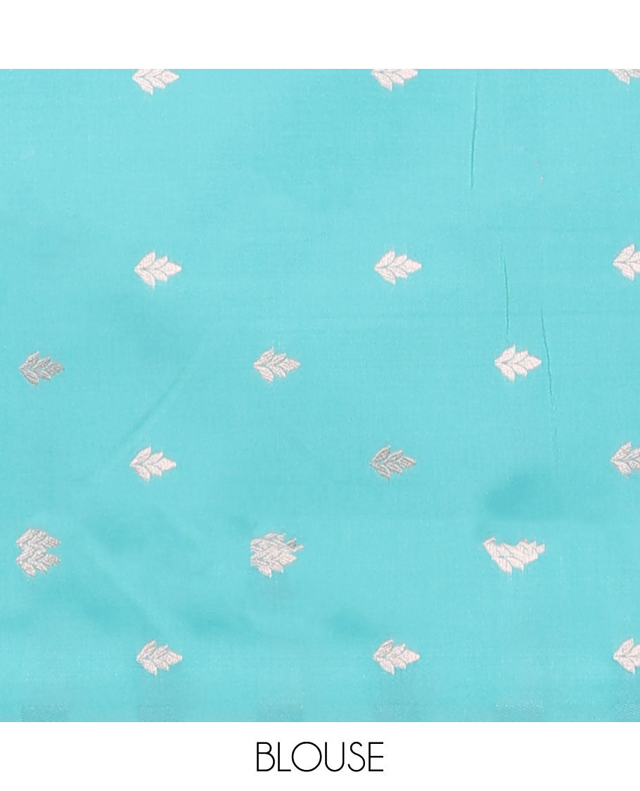 Borderless blue butter silk saree with zari buttas, contrast pallu of intricate designs in zari