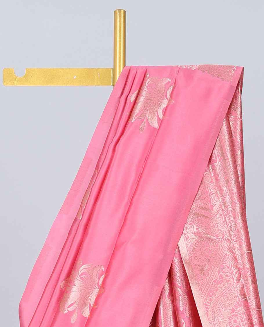 Borderless pink butter silk saree with zari buttas, contrast pallu of intricate designs in zari