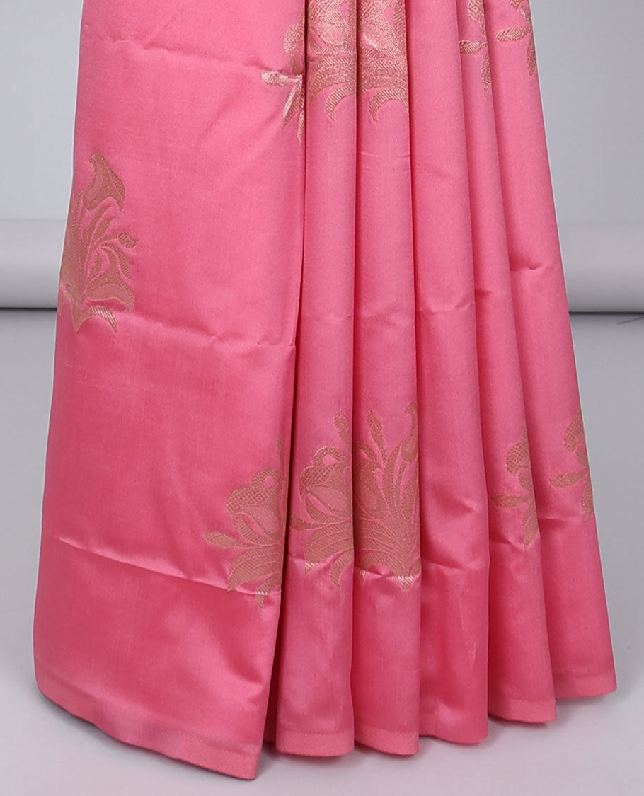 Borderless pink butter silk saree with zari buttas, contrast pallu of intricate designs in zari