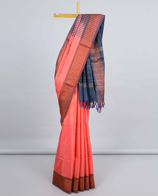 Pink banana pith saree with buttas, contrast floral design border & pallu of stripes