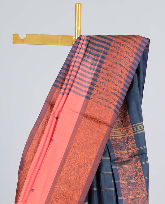 Pink banana pith saree with buttas, contrast floral design border & pallu of stripes