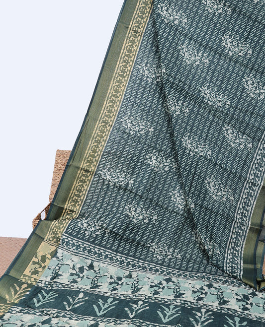 Green batik-style printed budget cotton saree, contrast batik-printed border & pallu of batik-style floral print