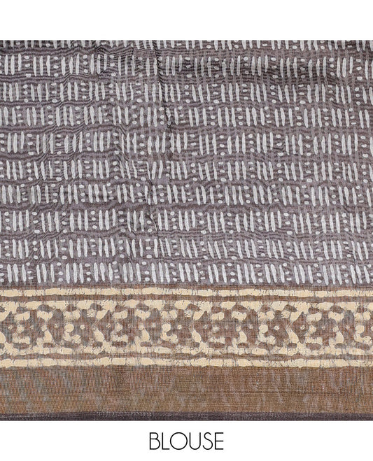 Brown batik-style printed budget cotton saree, contrast batik-printed border & pallu of batik-style floral print