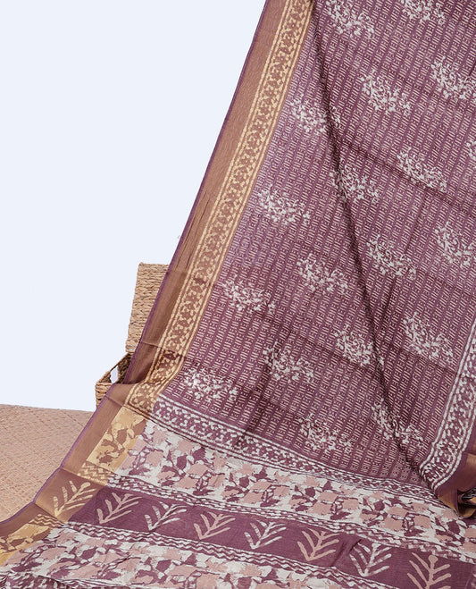 Brown batik-style printed budget cotton saree, contrast batik-printed border & pallu of batik-style floral print