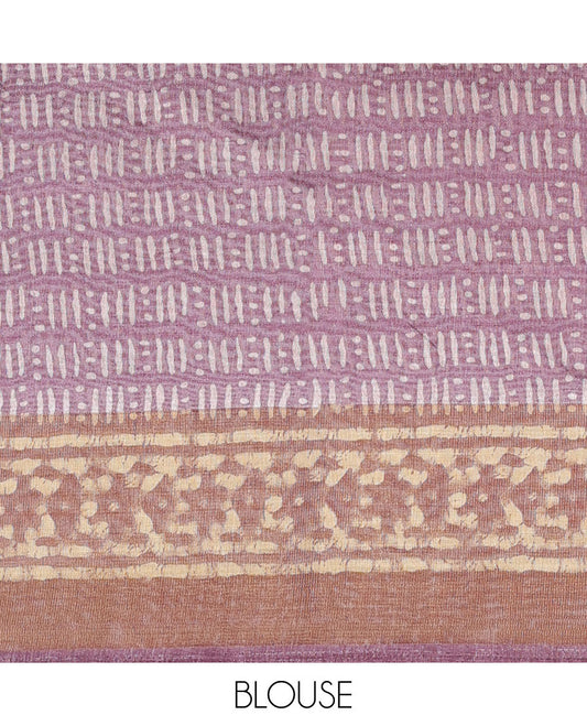 Brown batik-style printed budget cotton saree, contrast batik-printed border & pallu of batik-style floral print