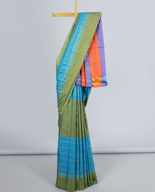 Multi-color zari checked design arani gift saree, contrast plain border & pallu of zari checked design