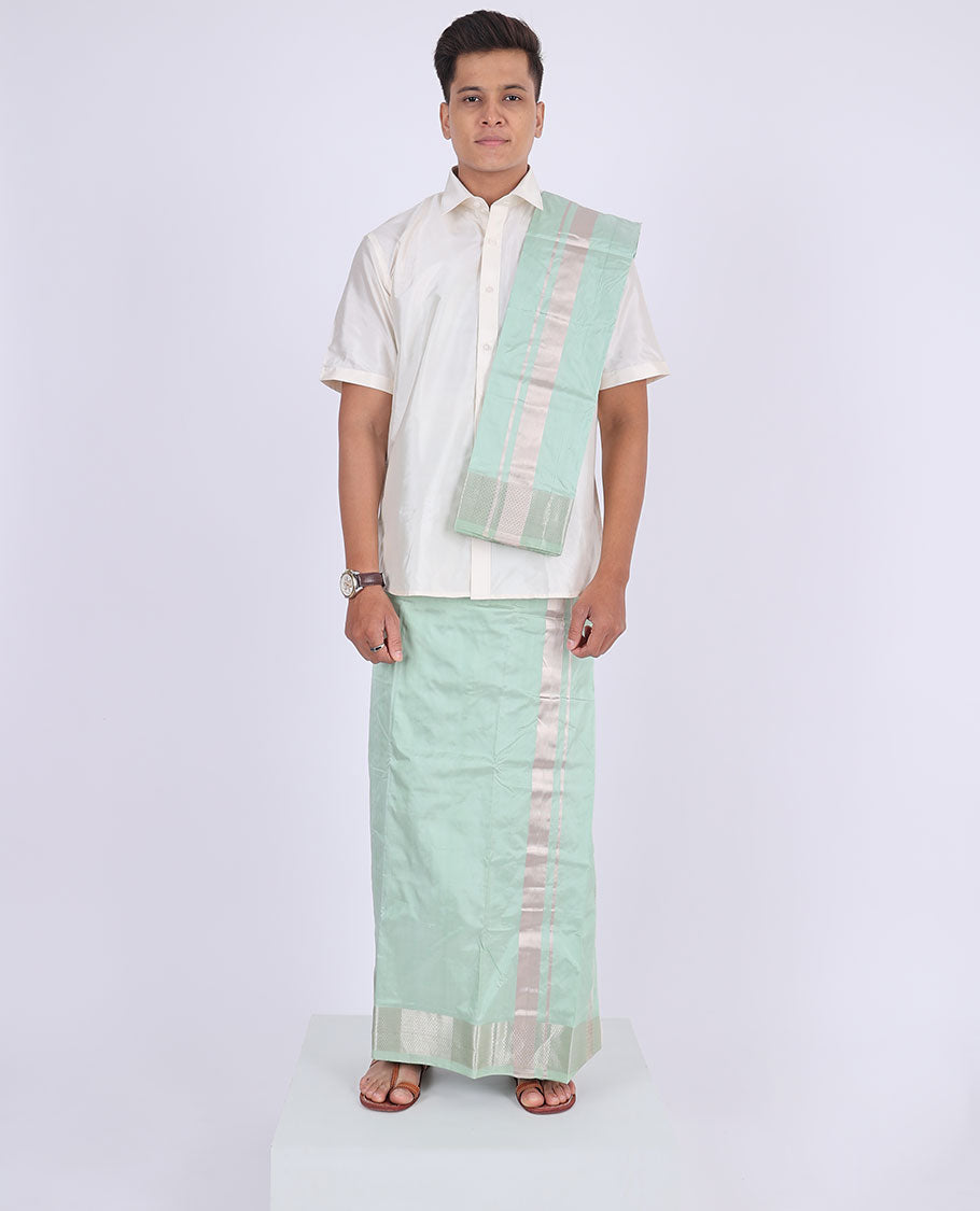 Green Kanchipuram pure silk double-layer dhoti & angavastram with kuyil kann zari border