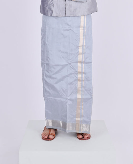 Grey Kanchipuram pure silk double-layer dhoti & angavastram with kuyil kann zari border