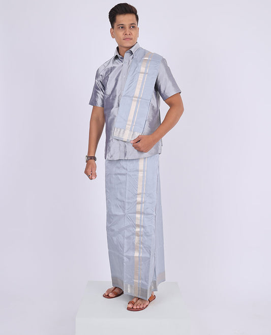 Grey Kanchipuram pure silk double-layer dhoti & angavastram with kuyil kann zari border
