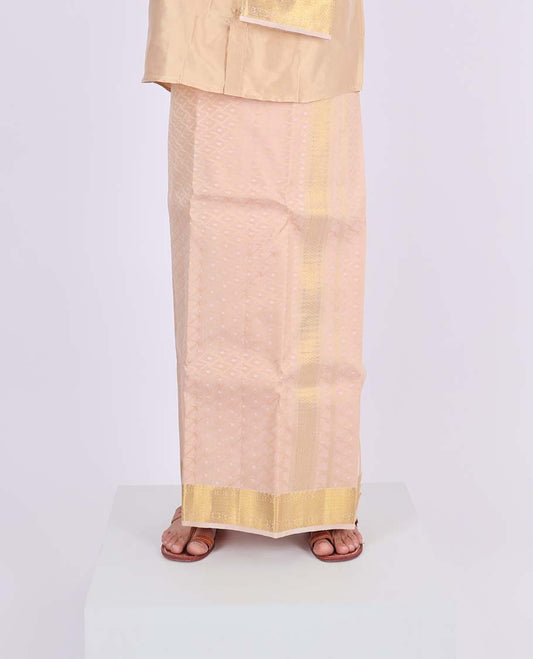 Light rose gold embossed Kanchipuram wedding puresilk double-layer traditional zari border dhoti,zari border angavastram
