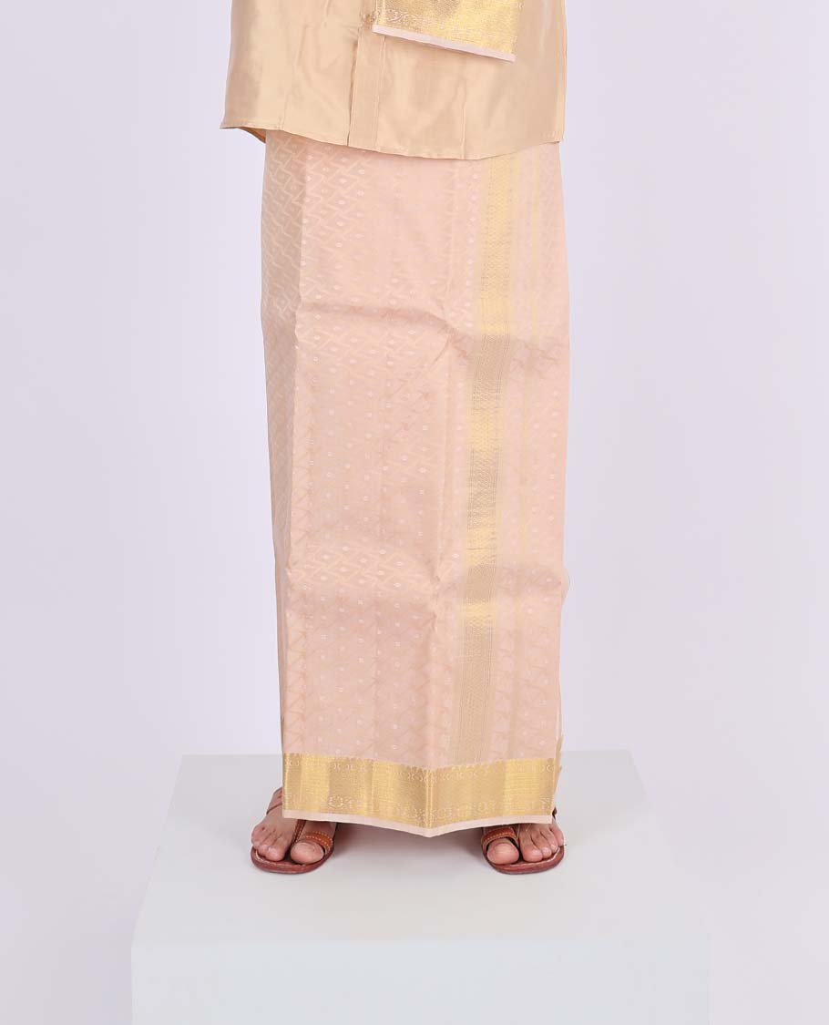 Light rose gold embossed Kanchipuram wedding puresilk double-layer traditional zari border dhoti,zari border angavastram