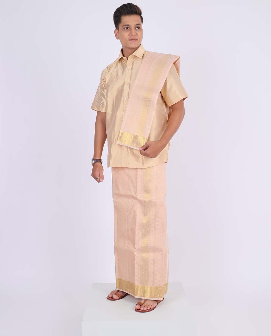 Light rose gold embossed Kanchipuram wedding puresilk double-layer traditional zari border dhoti,zari border angavastram