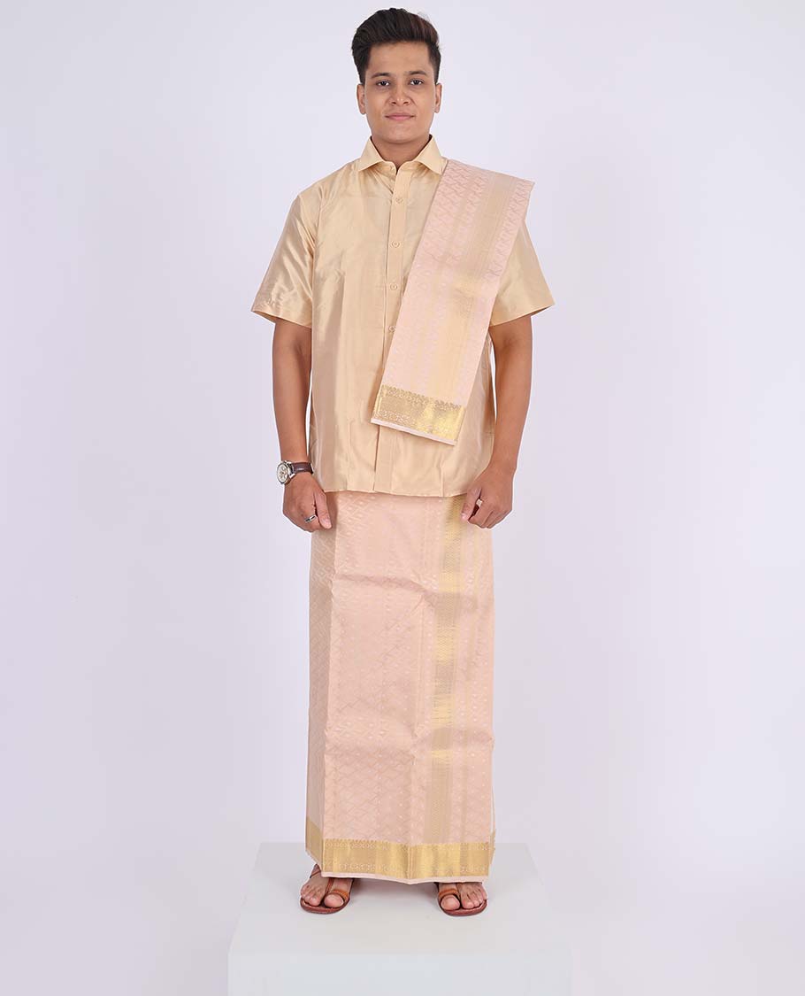 Light rose gold embossed Kanchipuram wedding puresilk double-layer traditional zari border dhoti,zari border angavastram