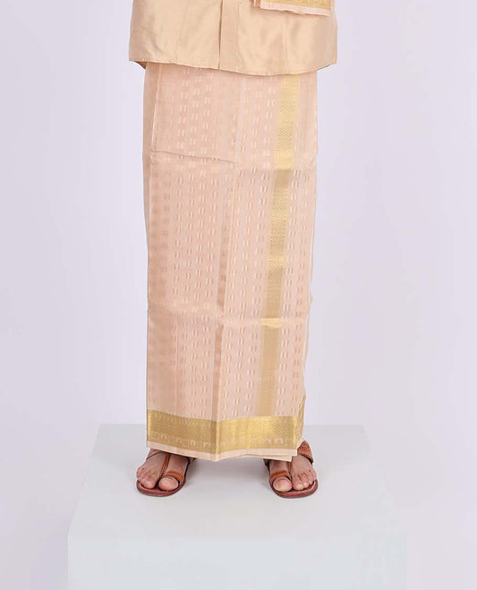 Light rose gold embossed Kanchipuram wedding puresilk double-layer traditional zari border dhoti,zari border angavastram