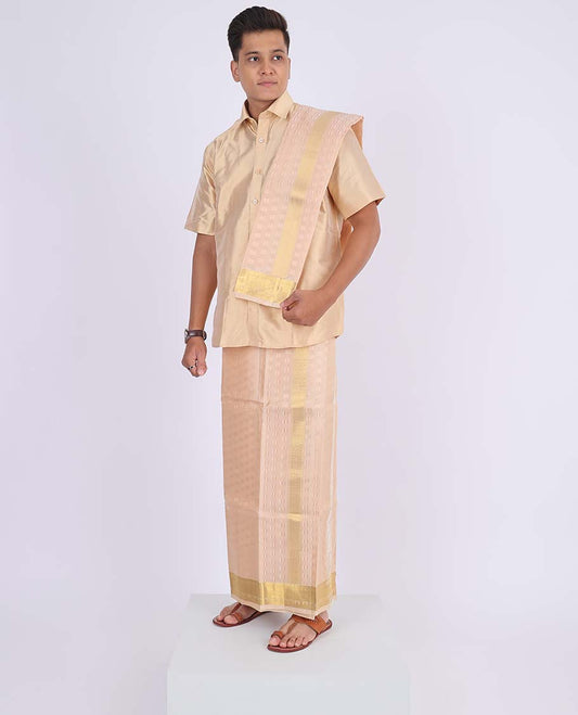 Light rose gold embossed Kanchipuram wedding puresilk double-layer traditional zari border dhoti,zari border angavastram