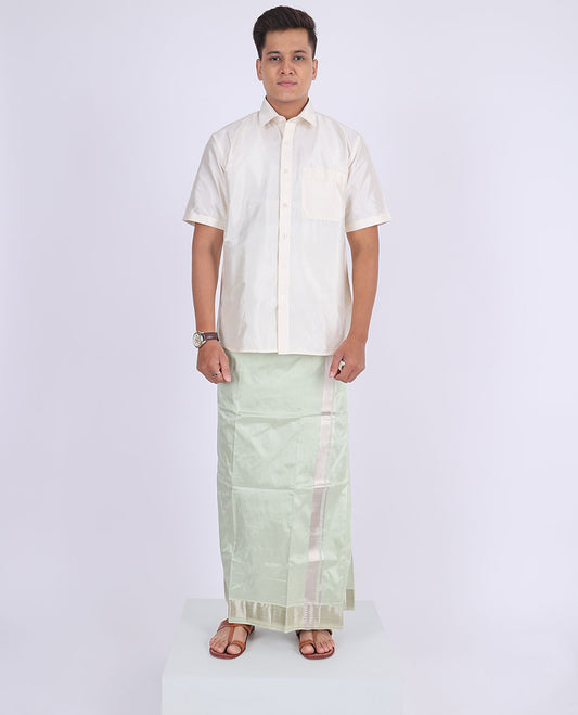 Pale green kanchipuram pure silk double-layer dhoti with kuyil kann zari border