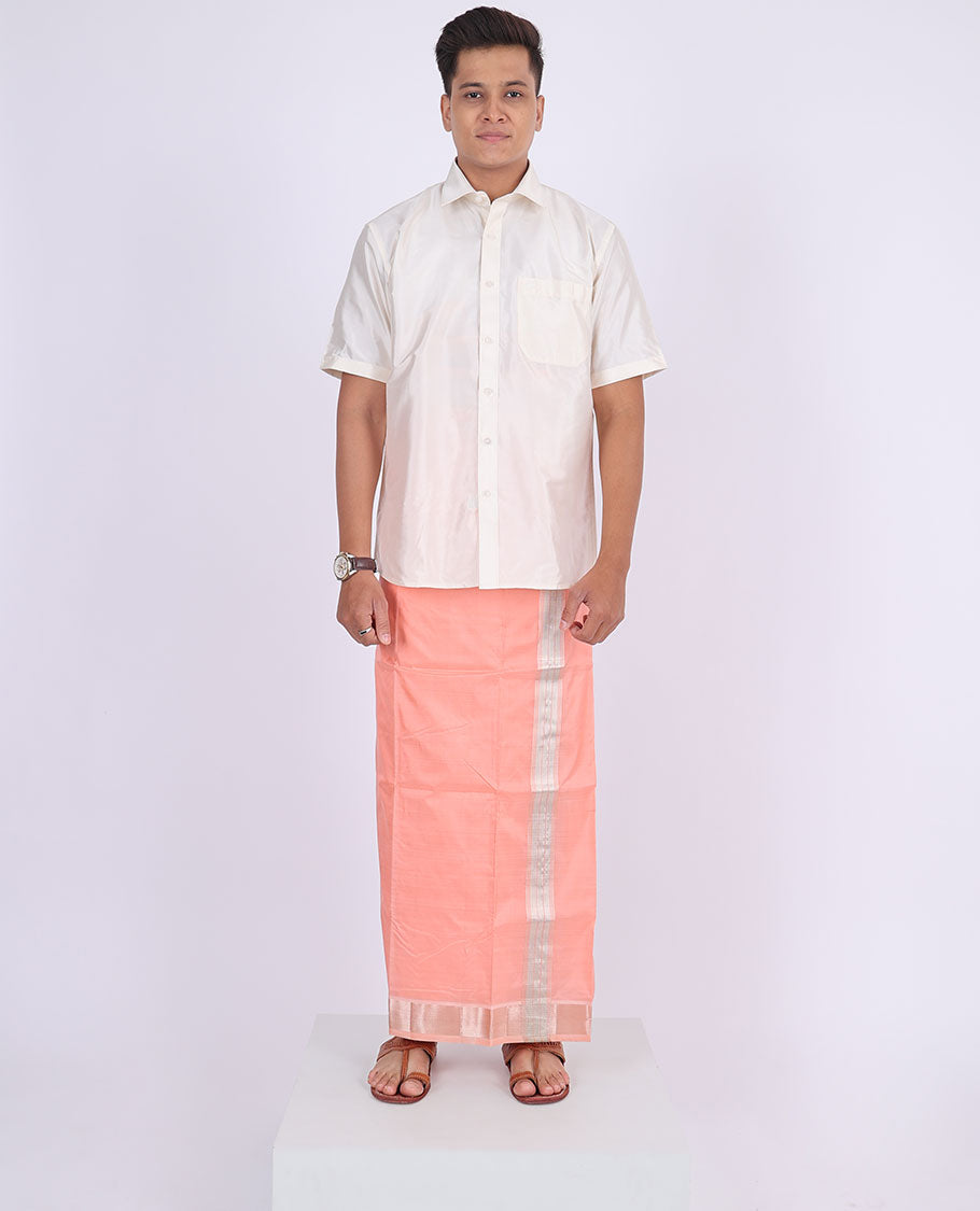 Pink Kanchipuram pure silk double-layer dhoti with kuyil kann zari border