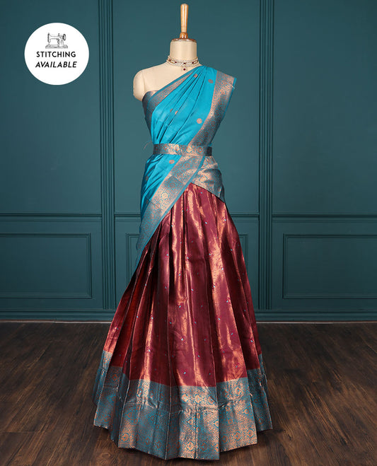 Maroon buttas art-silk half-saree, contrast traditional design border, jacquard blouse & intricate dhavani