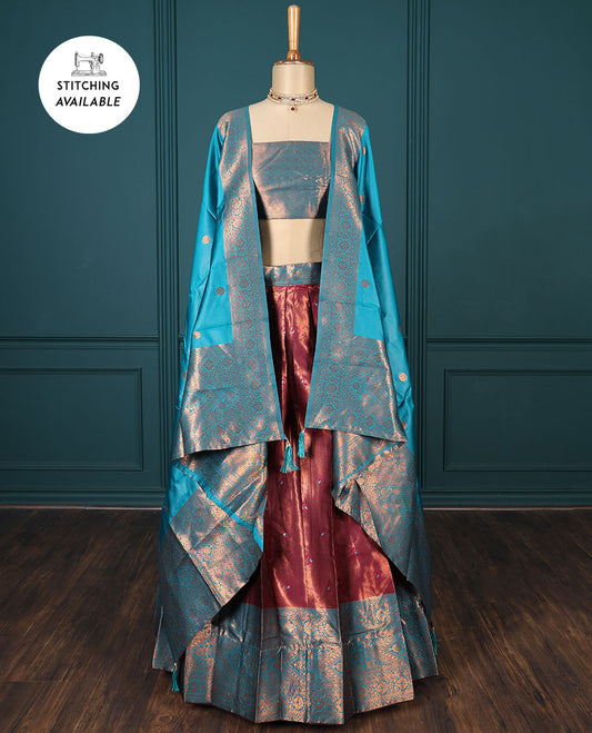 Maroon buttas art-silk half-saree, contrast traditional design border, jacquard blouse & intricate dhavani