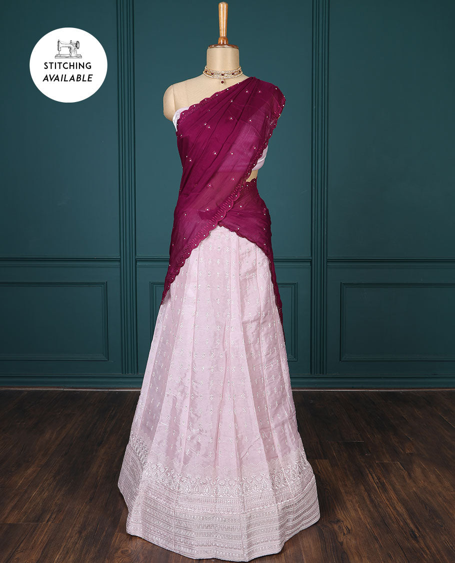 Pink embroidered half-saree, embroidered patch border, embroidered blouse & contrast scallop embroidered dhavani