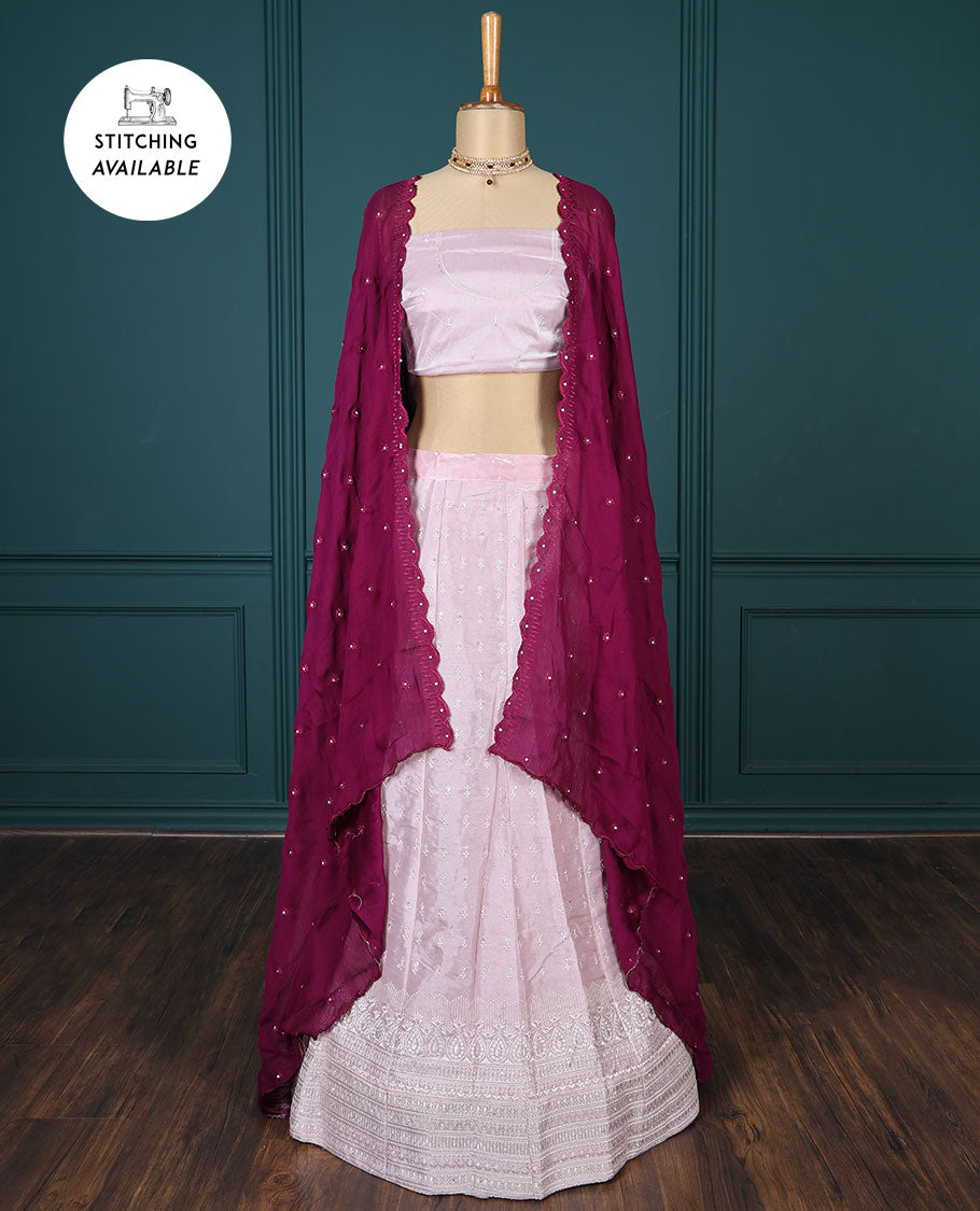 Pink embroidered half-saree, embroidered patch border, embroidered blouse & contrast scallop embroidered dhavani