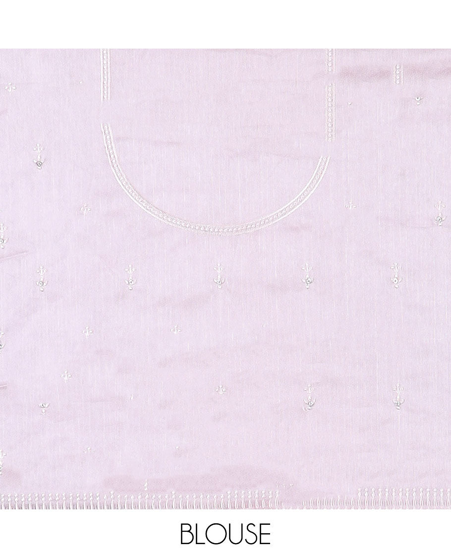 Pink embroidered half-saree, embroidered patch border, embroidered blouse & contrast scallop embroidered dhavani