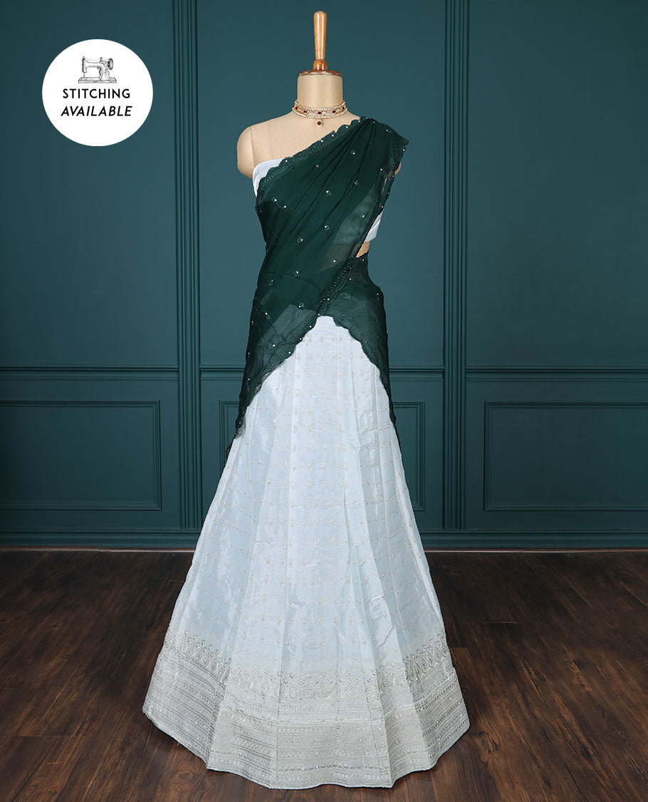 Blue embroidered half-saree, embroidered patch border, embroidered blouse & contrast scallop embroidered dhavani
