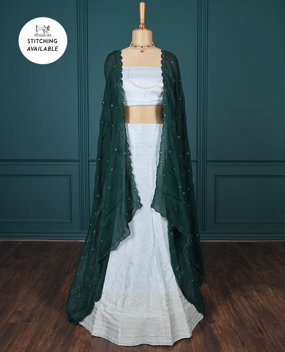 Blue embroidered half-saree, embroidered patch border, embroidered blouse & contrast scallop embroidered dhavani